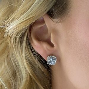 quare cz halo stud earrings in Sterling Silver NEW